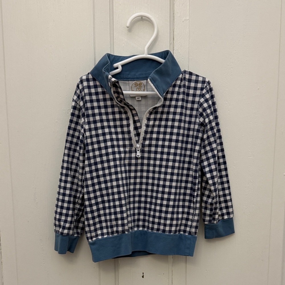 Little Bear Smocks Gingham Half-Zip Pullover with Blue Trim